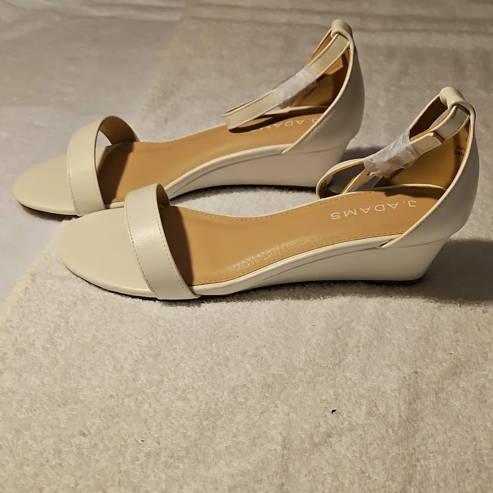 J. Adams White PU Strappy Wedge Ankle Strap Sandals Buckle Women's Size 9‎